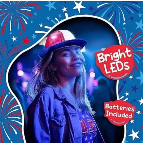 LED Light Up Hat Sequin Red, White Red Blue Unisex USA USA Party Fedora Hat - Picture 4 of 5
